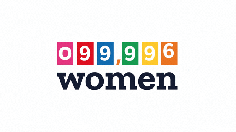The animated 100,000 Women Campaign logo: the words "100,000 women" in colourful writing with the numbers scrolling