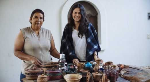 Marina Bañuelos makes handicrafts from pine leaves. She gathers the pine leaves, cooks them and weaves to create any type of vases, lamps, napkin holders and bracelets in Ejido Emiliano Zapata, Jalisco.