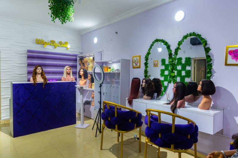 A wide-angle of Salome Igbinosa's wig showroom in Lekki, Lagos Nigeria on 25th February 2021. The Cherie Blair Foundation for Women continues to support women entrepreneurs across many African countries through their blended learning programmes, like Road to Growth and HerVenture.