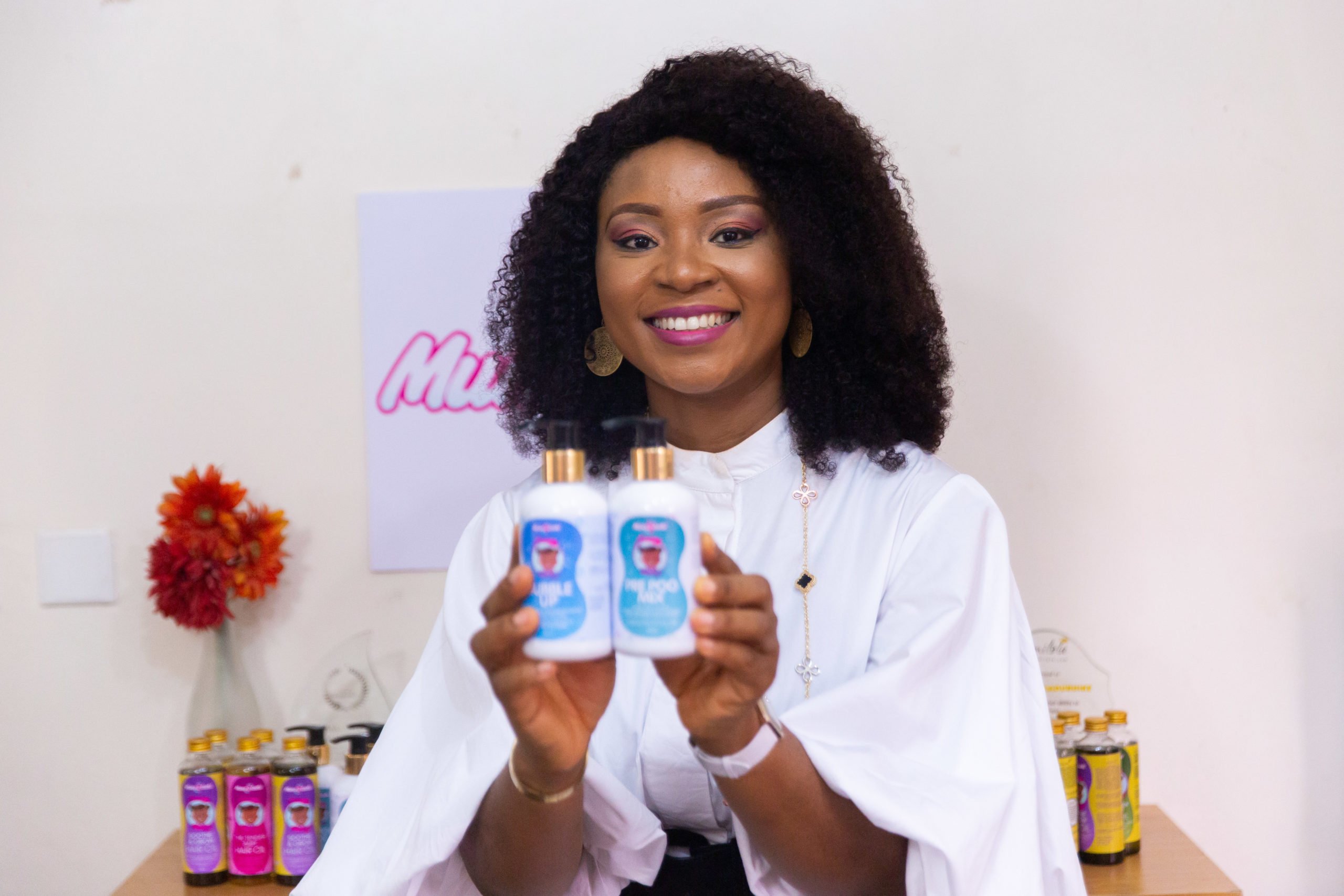 Oluchi Madubuike poses for a portrait with her hair products in Lekki, Lagos Nigeria on 25th February 2021. The Cherie Blair Foundation for Women continues to support women entrepreneurs across many African countries through their blended learning programmes, like Road to Growth and HerVenture.