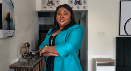 Glory Omoregie, CEO of Home Craft Interiors and Projects in Lagos, Nigeria poses at her business.