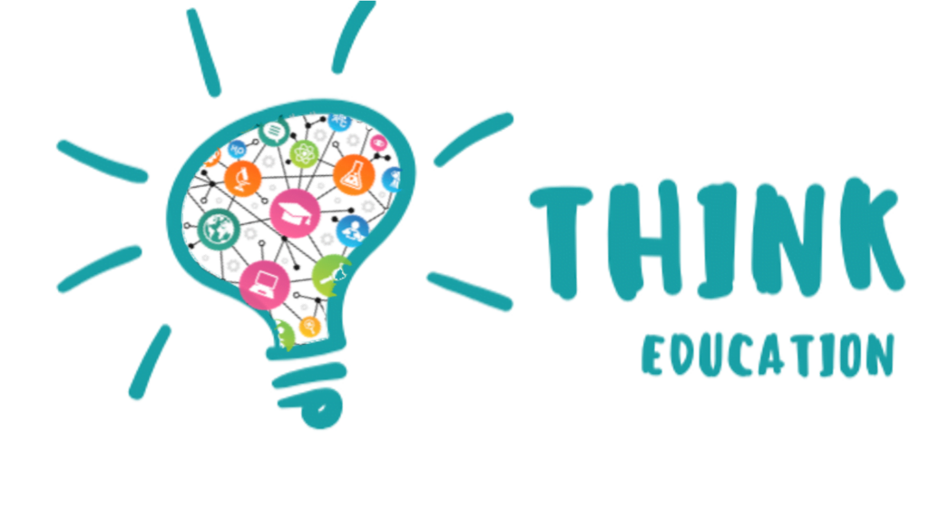 Think Education logo. Teal drawing of a lightbulb that has little icons representing education such as graduation caps inside it. Next to the drawing are the words "Think Education"