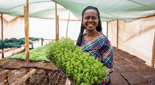 Diana Muthee, a Kenyan woman entrepreneur, stands on her sustainable herb farm. She is showing some growing herbs to the camera.